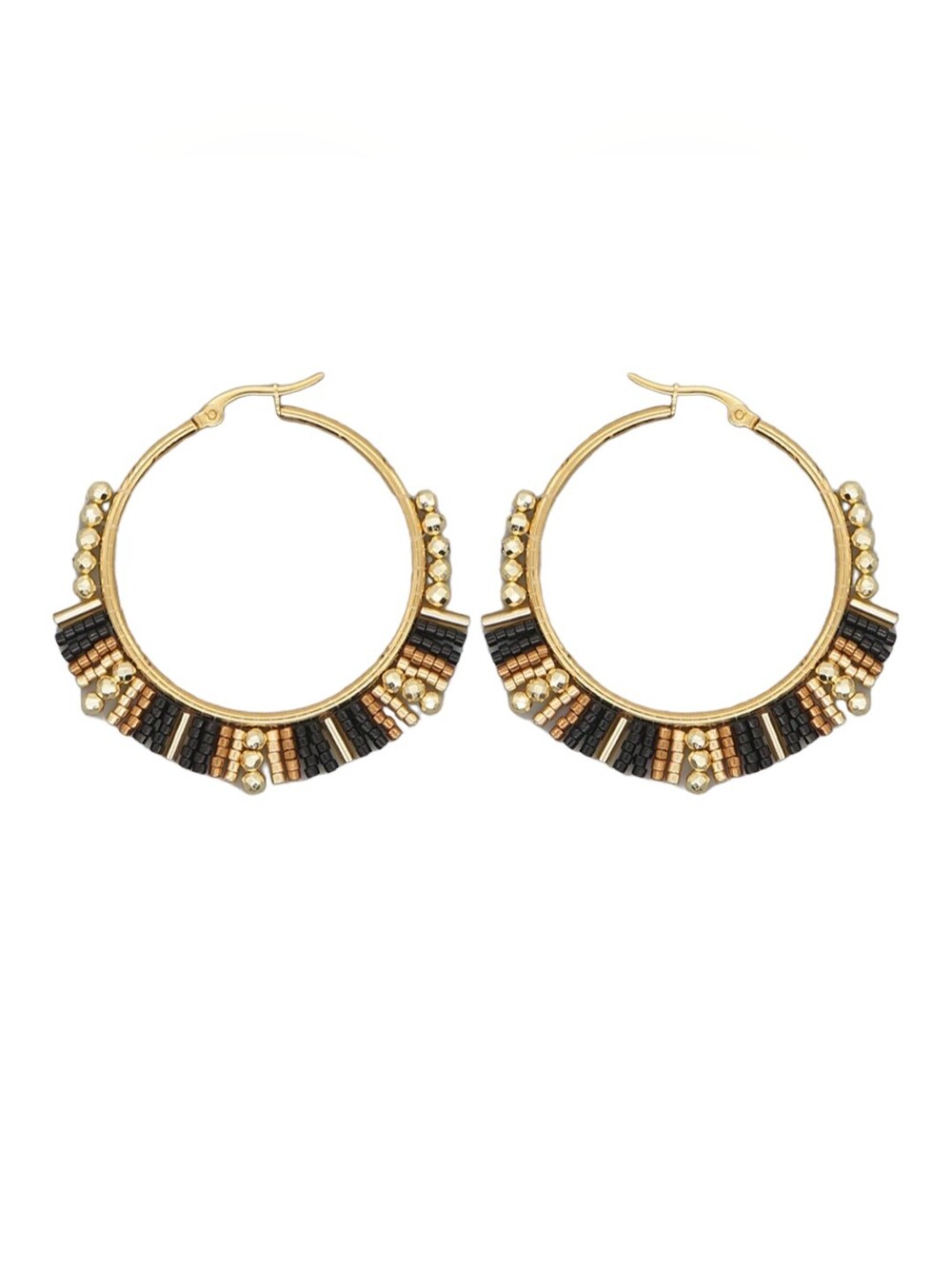 Beaded Hoop Earrings Black & Gold Miyuki Rice Beads - Picture 1 of 11